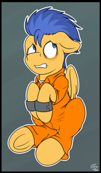 Size: 1122x1920 | Tagged: safe, artist:chilledsteel, flash sentry, abstract background, bags under eyes, bound, clothes, cuffs, nervous, prison outfit, prisoner, sitting, solo, underhoof