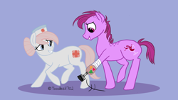 Size: 3600x2032 | Tagged: safe, artist:toodles3702, bandage pony, nurse redheart, rough tumble, earth pony, pony, amputee, bandy, blue background, duo, female, looking at self, looking at someone, looking at something, looking back, looking down, male, mare, prosthetic leg, prosthetic limb, prosthetics, raised hoof, raised leg, side view, simple background, smiling, stallion