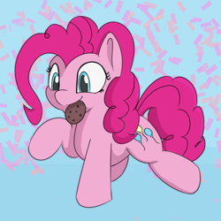 Size: 750x750 | Tagged: safe, artist:treekickerdraws, pinkie pie, earth pony, pony, blue background, confetti, cookie, cute, diapinkes, female, food, mare, mouth hold, ponk, raised hoof, raised leg, simple background, smiling, solo