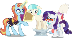 Size: 4129x2208 | Tagged: safe, artist:8-notes, artist:dashiesparkle, artist:koolfrood, artist:lahirien, artist:sircxyrtyx, artist:sketchmcreations, artist:vector-brony, edit, editor:slayerbvc, coco pommel, rarity, sassy saddles, earth pony, pony, unicorn, accessory-less edit, blushing, clipboard, clothes, cocobetes, collar, cute, female, floppy ears, glasses, looking back, looking down, looking up, magic, mare, missing accessory, model, modeling, pedestal, ponyquin, raised hoof, rarity's glasses, saddle, scarf, sheepish grin, simple background, tack, telekinesis, transparent background, vector, vector edit