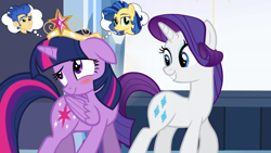 Size: 1920x1080 | Tagged: safe, edit, edited screencap, screencap, flash sentry, rarity, twilight sparkle, twilight sparkle (alicorn), oc, oc:milky way, alicorn, pony, equestria girls, bedroom eyes, big crown thingy, bisexual, blushing, canon x oc, duckface, element of magic, female, flashlight, floppy ears, frown, grin, jewelry, lesbian, love triangle, male, mare, milky sparkle, regalia, shipping, smiling, squee, straight, thought bubble