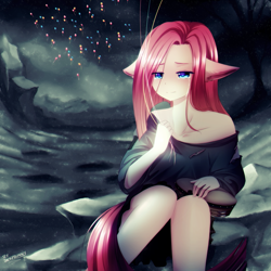 Size: 900x900 | Tagged: safe, artist:jacky-bunny, pinkie pie, human, friendship is witchcraft, balloon, bare shoulders, clothes, crying, ear fluff, eared humanization, female, humanized, musical instrument, night, oversized clothes, oversized shirt, pinkamena diane pie, sad, shirt, sitting, solo, tailed humanization, tambourine