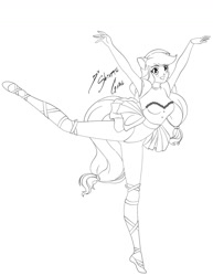 Size: 1024x1325 | Tagged: safe, artist:rmzero, artist:shinta-girl, applejack, equestria girls, ballerina, ballet, clothes, dancing, eared humanization, im an albatraoz, just dance, leotard, monochrome, pony ears, simple background, solo, tailed humanization, white background