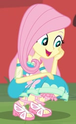 Size: 1295x2100 | Tagged: safe, screencap, fluttershy, better together, equestria girls, fluttershy's butterflies, fluttershy's butterflies: applejack, cute, feet, open mouth, sandals, shyabetes, solo, squatting