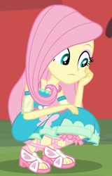 Size: 1348x2100 | Tagged: safe, screencap, fluttershy, better together, equestria girls, fluttershy's butterflies, fluttershy's butterflies: applejack, cropped, cute, feet, sandals, shyabetes, solo, squatting