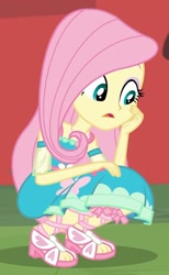 Size: 1290x2100 | Tagged: safe, screencap, fluttershy, better together, equestria girls, fluttershy's butterflies, fluttershy's butterflies: applejack, cropped, feet, open mouth, sandals, solo, squatting