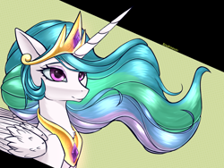 Size: 3000x2260 | Tagged: safe, artist:kirasunnight, princess celestia, alicorn, pony, bust, chest fluff, crown, cute, cutelestia, female, jewelry, mare, portrait, regalia, smiling, solo