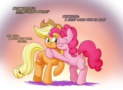 Size: 1500x1100 | Tagged: safe, artist:heir-of-rick, applejack, pinkie pie, earth pony, pony, daily apple pony, abstract background, colored pupils, cowboy hat, cute, dialogue, duo, eyes closed, female, free hugs, friendshipping, gradient background, hat, hug, one eye closed, pinkie being pinkie, raised hoof, simple background