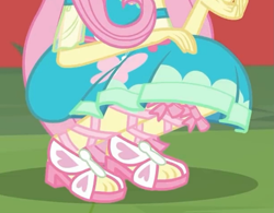 Size: 1431x1115 | Tagged: safe, screencap, fluttershy, better together, equestria girls, fluttershy's butterflies, fluttershy's butterflies: applejack, cropped, feet, sandals, solo, squatting