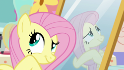 Size: 1280x720 | Tagged: safe, screencap, fluttershy, pegasus, pony, discordant harmony, reflection, solo