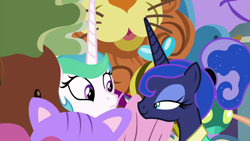 Size: 1920x1080 | Tagged: safe, screencap, princess celestia, princess luna, alicorn, pony, between dark and dawn, alternate hairstyle, amused, clothes, cute, cutelestia, duo, embarrassed, eyeshadow, female, hair bun, hawaiian shirt, lidded eyes, lotta little things, makeup, manehattan, mare, plushie, ponytail, royal sisters, shirt, siblings, sisters, smiling