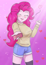 Size: 2893x4092 | Tagged: safe, artist:sumin6301, pinkie pie, equestria girls, box, clothes, cute, diapinkes, eyes closed, female, food, heart, high res, offering, open mouth, pocky, shorts, snack, solo, sweater