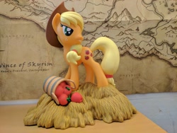 Size: 4048x3036 | Tagged: safe, photographer:captaincakewalk, applejack, pony, absurd resolution, apple, basket, coin bank, diamond select toys, food, irl, merchandise, photo, skyrim, solo, the elder scrolls