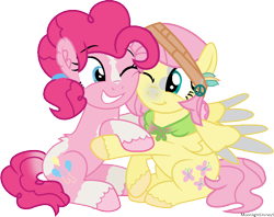 Size: 972x769 | Tagged: safe, artist:moonlightdisney5, fluttershy, pinkie pie, earth pony, pegasus, pony, alternate design, alternate hairstyle, cheek squish, cute, diapinkes, duo, female, hug, looking at each other, mare, one eye closed, shyabetes, simple background, sitting, smiling, squishy cheeks, transparent background