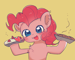 Size: 1280x1024 | Tagged: safe, artist:kkuyo, pinkie pie, earth pony, pony, :3, blushing, cake, chest fluff, cute, diapinkes, food, open mouth, pie, simple background, solo, yellow background