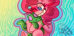 Size: 1280x620 | Tagged: safe, artist:kintmatsu, gummy, pinkie pie, earth pony, pony, abstract background, ear fluff, female, mare, one eye closed, plushie, smiling, solo