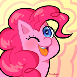 Size: 1280x1280 | Tagged: safe, artist:flyingspaget, pinkie pie, earth pony, pony, abstract background, cute, diapinkes, female, heart eyes, looking at you, mare, one eye closed, open mouth, smiling, solo, wingding eyes, wink