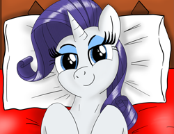 Size: 2111x1628 | Tagged: safe, artist:eel's stuff, rarity, pony, unicorn, bed, pillow, smiling