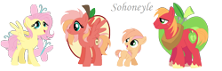 Size: 1472x472 | Tagged: safe, artist:sohoneyle, big macintosh, fluttershy, oc, oc:buttershy, oc:heart apple, earth pony, pegasus, pony, alternate hairstyle, blank flank, colt, family, female, fluttermac, freckles, male, mare, offspring, parent:big macintosh, parent:fluttershy, parents:fluttermac, shipping, simple background, straight, transparent background