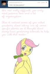 Size: 665x981 | Tagged: safe, artist:shiaran, posey, earth pony, pony, g1, ask, askposey, bow, gardening, hair bow, simple background, solo, tumblr, white background