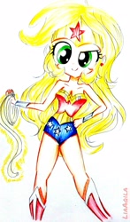 Size: 942x1600 | Tagged: safe, artist:liaaqila, applejack, equestria girls, bare shoulders, blonde, crossover, hatless, looking at you, missing accessory, sleeveless, solo, strapless, wonder woman, wonderjack