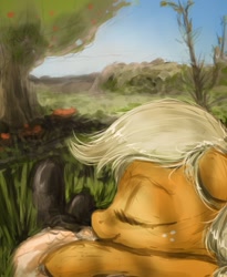 Size: 1200x1466 | Tagged: safe, artist:plotcore, applejack, oc, oc:anon, earth pony, human, pony, bust, eyes closed, hatless, missing accessory, offscreen character, on top, pov, sleeping, tree