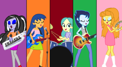 Size: 1054x579 | Tagged: safe, artist:t-mack56, bailey sweet, braeburn, brawly beats, flare warden, flash sentry, glide, ringo, soarin', equestria girls, equestria guys, flash drive (band), male, rule 63