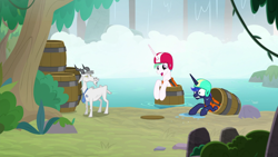 Size: 1920x1080 | Tagged: safe, screencap, princess celestia, princess luna, alicorn, goat, pony, between dark and dawn, barrel, cute, cutelestia, happy, helmet, lifejacket, neighagra falls, waterfall