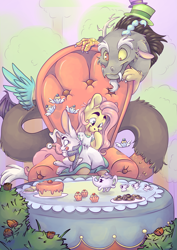 Size: 4961x7016 | Tagged: safe, artist:cutepencilcase, angel bunny, discord, fluttershy, draconequus, pegasus, pony, rabbit, absurd resolution, alice in wonderland, cake, chair, clothes, cookie, crossover, cup, cupcake, dress, eyebrows, food, hat, mad hatter, parody, pocket watch, tea, tea party, teacup, teapot