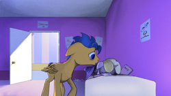 Size: 2870x1614 | Tagged: safe, artist:aaronmk, dinky hooves, flash sentry, sad, tucking in