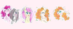 Size: 1236x491 | Tagged: safe, artist:pinkablue, fluttershy, marble pie, pear butter, pinkie pie, earth pony, pegasus, pony, blushing, bust, cute, floppy ears, flower, flower in hair, happy, line-up, messy mane, portrait, simple background