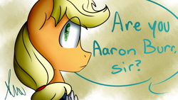 Size: 1920x1080 | Tagged: safe, artist:vanillashineart, applejack, earth pony, pony, aaron burr, aaron burr sir, clothes, hamilton, offscreen character, solo