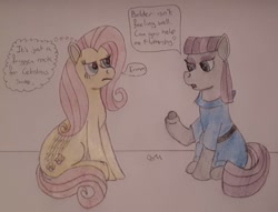 Size: 1031x787 | Tagged: safe, artist:rapidsnap, boulder (pet), fluttershy, maud pie, pegasus, pony, traditional art, unamused