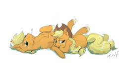 Size: 892x500 | Tagged: safe, artist:bypenandhoof, applejack, applejack (male), earth pony, pony, applejacks (shipping), female, male, mare, misleading thumbnail, on back, prone, rule 63, self ponidox, selfcest, shipping, simple background, stallion, straight, straw