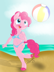 Size: 1024x1365 | Tagged: safe, artist:roxenmaratoun, pinkie pie, anthro, plantigrade anthro, beach, beach ball, bikini, clothes, solo, swimsuit