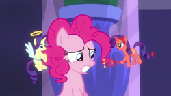 Size: 1280x720 | Tagged: safe, screencap, pinkie pie, rarity, angel, earth pony, pony, unicorn, the saddle row review, angel rarity, devil, devil horns, devil rarity, fake wings, female, floating, frown, glare, gritted teeth, halo, haylo, mare, open mouth, pitchfork, sitting, wide eyes