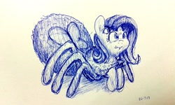 Size: 2048x1232 | Tagged: safe, artist:aemantaslim, fluttershy, monster pony, original species, spider, spiderpony, ballpoint pen, fangs, multiple eyes, sketch, smiling, solo, species swap, spidershy, traditional art