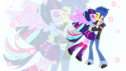 Size: 1600x900 | Tagged: safe, artist:jucamovi1992, flash sentry, twilight sparkle, equestria girls, couple, flashlight, kissing, love, male, ponied up, shipping, straight, vector