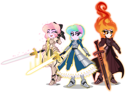 Size: 5000x3727 | Tagged: safe, artist:orin331, daybreaker, princess celestia, equestria girls, anime, armor, artoria pendragon, excalibur, excalibur morgan, fate/grand order, fate/stay night, female, pink-mane celestia, pinklestia, saber, saber alter, saber lily, self paradox, simple background, sword, transparent background, trio, weapon, young celestia