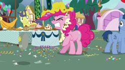 Size: 1920x1080 | Tagged: safe, screencap, blues, bon bon, noteworthy, pinkie pie, sweetie drops, earth pony, pony, secrets and pies, angry, balloon, betrayal, food, furious, hypocrisy, pie, pie tin, plot, sin of pride, sin of wrath, yelling