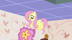 Size: 1280x720 | Tagged: safe, screencap, fluttershy, pegasus, pony, discordant harmony, flying, pillow, solo