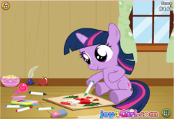 Size: 730x502 | Tagged: safe, derpibooru import, twilight sparkle, christmas, crayons, cute, drawing, flash game, hoof hold, joy4girl.com, santa claus, sitting, smiling, solo