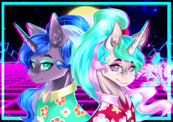 Size: 4961x3508 | Tagged: safe, artist:dankpegasista, princess celestia, princess luna, alicorn, pony, between dark and dawn, 80's fashion, aesthetics, palms, royal sisters