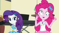 Size: 1280x720 | Tagged: safe, screencap, pinkie pie, rarity, better together, equestria girls, overpowered (equestria girls), derp, geode of shielding, geode of sugar bombs, pinkie being pinkie, silly human