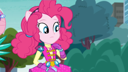 Size: 1366x768 | Tagged: safe, screencap, pinkie pie, better together, equestria girls, super squad goals, canterlot city, ponied up, solo, super ponied up