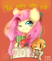 Size: 694x802 | Tagged: safe, artist:yuki-artyt, fluttershy, pegasus, pony, chibi, crossover, one eye closed, present, solo, vietnamese, vietnamese new year, wink