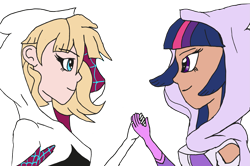 Size: 2459x1637 | Tagged: safe, artist:edcom02, derpibooru import, twilight sparkle, human, equestria girls, amethyst sorceress, crossover, duo, gwen stacy, handshake, simple background, spider-gwen, spider-man, spiders and magic iv: the fall of spider-mane, spiders and magic: rise of spider-mane, superhero, transparent background