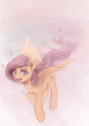 Size: 1288x1818 | Tagged: safe, artist:paticzaki, fluttershy, pegasus, pony, floral head wreath, flower, flying, looking at you, open mouth, smiling, solo, spread wings, wings