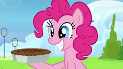 Size: 1920x1080 | Tagged: safe, screencap, pinkie pie, earth pony, pony, secrets and pies, cute, excited, female, food, mare, pecan pie, pie, smiling, solo, wonderbolts headquarters