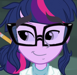 Size: 612x594 | Tagged: safe, edit, edited screencap, screencap, flash sentry, sci-twi, twilight sparkle, equestria girls, rainbow rocks, bad edit, bradface, face swap, what has science done